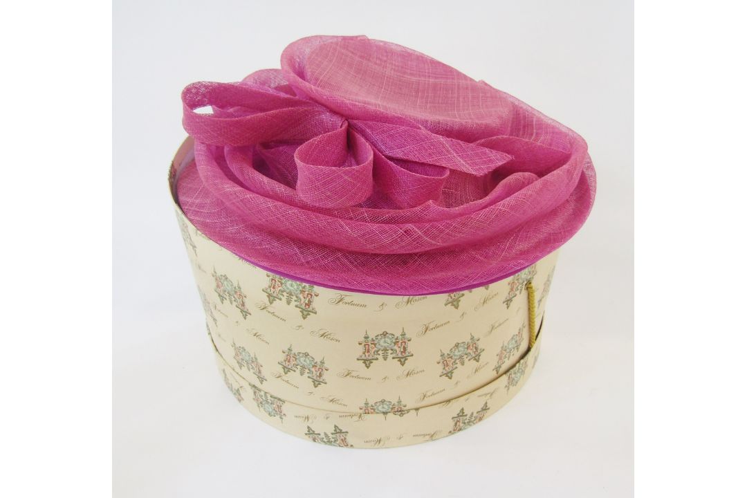 Frederick Fox ciname pink hat, a navy blue fascinator-type hat labelled Whiteleys, a brown feathered - Image 3 of 3