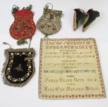 Three Turkish-style embroidered reticules, a pair of Chinese children's embroidered shoes, an