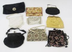 Various vintage and later evening bags to include a black fabric pleated evening bag with diamante