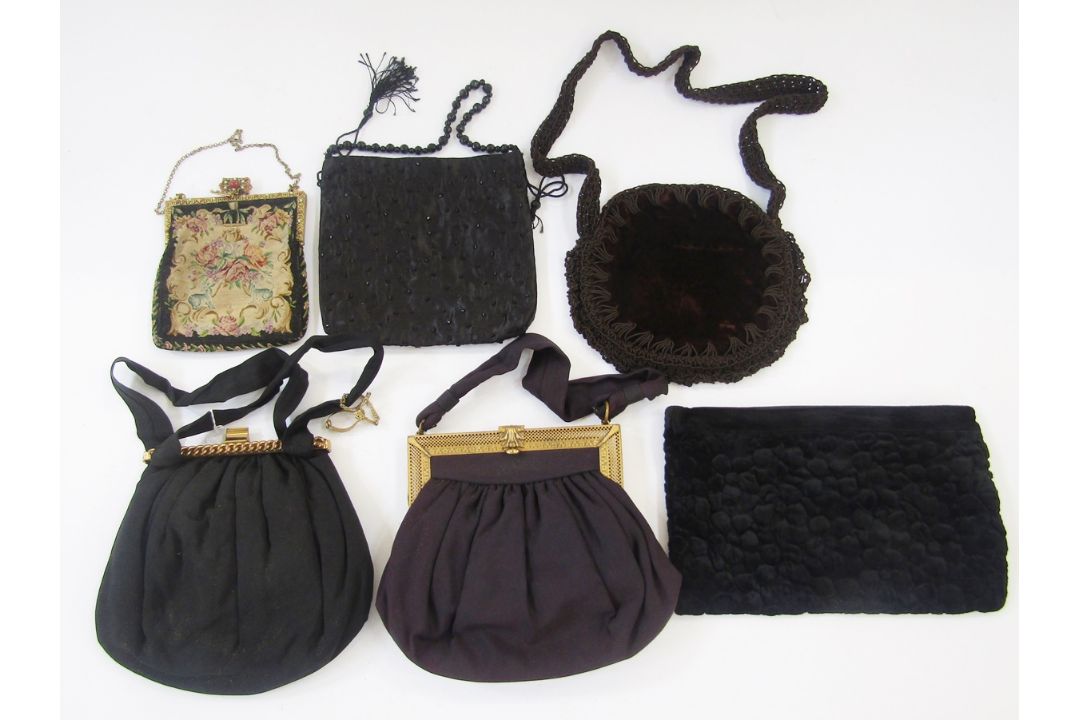 Various vintage evening bags to include a petitpoint bag with gilt-coloured metal fixed frame,