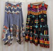 1970's cotton skirt, handkerchief hem, Liberty patterns, a black 1970's skirt with Aztec-style