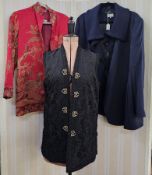 Modern black gilet with frog fastening, a Jaeger wool three-quarter length coat with a knitted