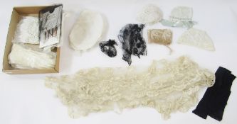 Large piece of lace, on a net veil (damaged), a piece of black net, another lace trim, two pairs