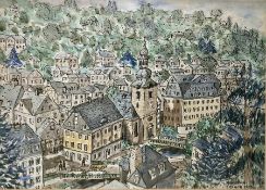 Anthony Fannen (21st Century)  Watercolour and ink on paper View of Monschau, signed and dated