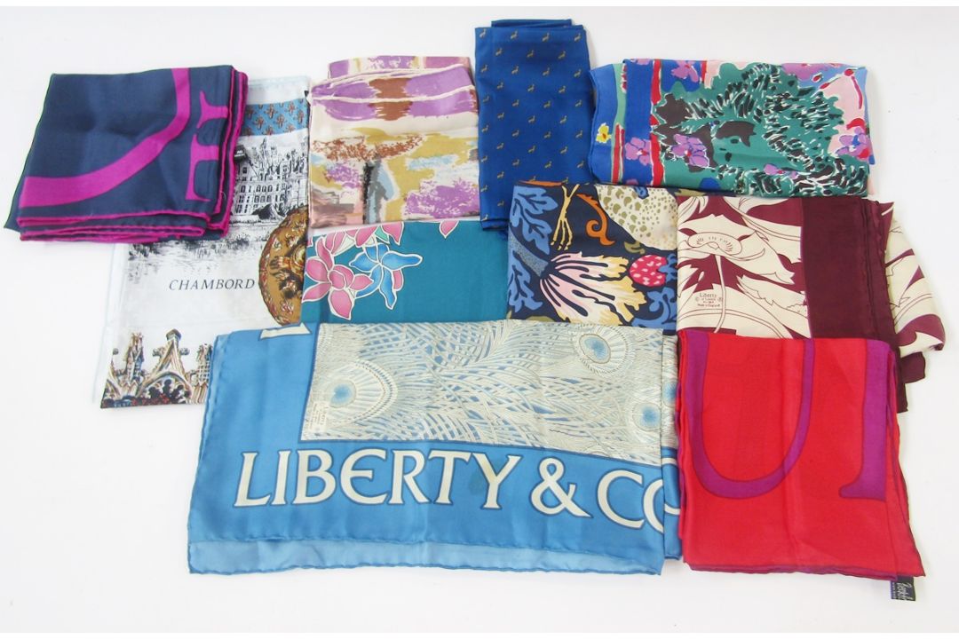 Quantity of vintage silk, polyester, wool scarves and some embroidered table linen (1 box) - Image 1 of 5