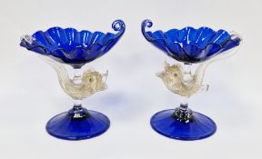 Pair of Venetian glass salts, probably Salviati, the blue glass shell-form bowl raised on stylised