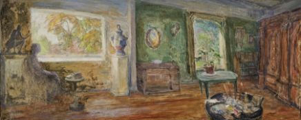 Mid-20th Century School  Oil on canvas Figure seated in an artist's studio, unsigned, 57cm x 141cm