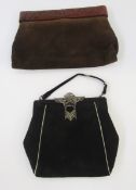 1920's velvet evening bag with carved bakelite fastening on metal fixed frame, and a black suede