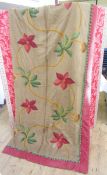 Pair of Nina Campbell linen curtains, lined and interlined with a dark pink border and green trim,