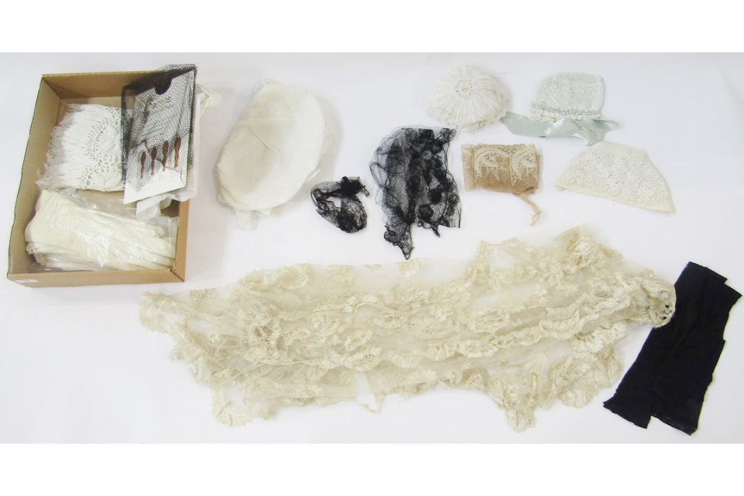 Large piece of lace, on a net veil (damaged), a piece of black net, another lace trim, two pairs - Image 3 of 4