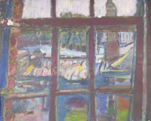 Mid-20th Century Continental School  Oil on canvas Riverside cityscape viewed through a window,