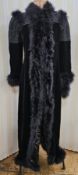 A modern black velvet opera coat in the Victorian style with swansdown trim, crocheted, faux jet