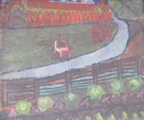 Mid-20th Century Continental School  Oil on canvas, Garden scene with a bench before an allotment,