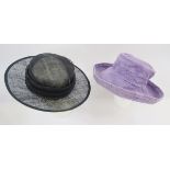 Assorted hats to include a red velvet beret, a black beret, a Marks & Spencer fedora, some straw