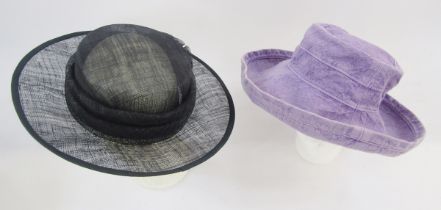 Assorted hats to include a red velvet beret, a black beret, a Marks & Spencer fedora, some straw