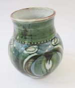 Judith Partridge Rodmell studio pottery vase, tin glaze, shouldered and bulbous, painted in green,