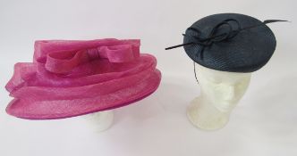 Frederick Fox ciname pink hat, a navy blue fascinator-type hat labelled Whiteleys, a brown feathered