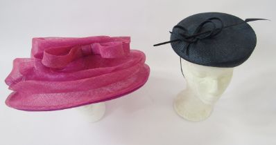 Frederick Fox ciname pink hat, a navy blue fascinator-type hat labelled Whiteleys, a brown feathered