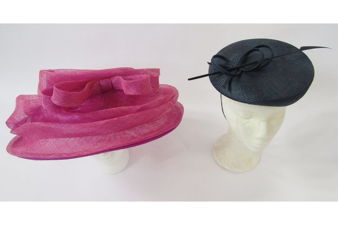 Frederick Fox ciname pink hat, a navy blue fascinator-type hat labelled Whiteleys, a brown feathered - Image 1 of 3