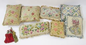 A quantity of tapestry cushions with fringes, a pair of curtain tassels and key tassels, a