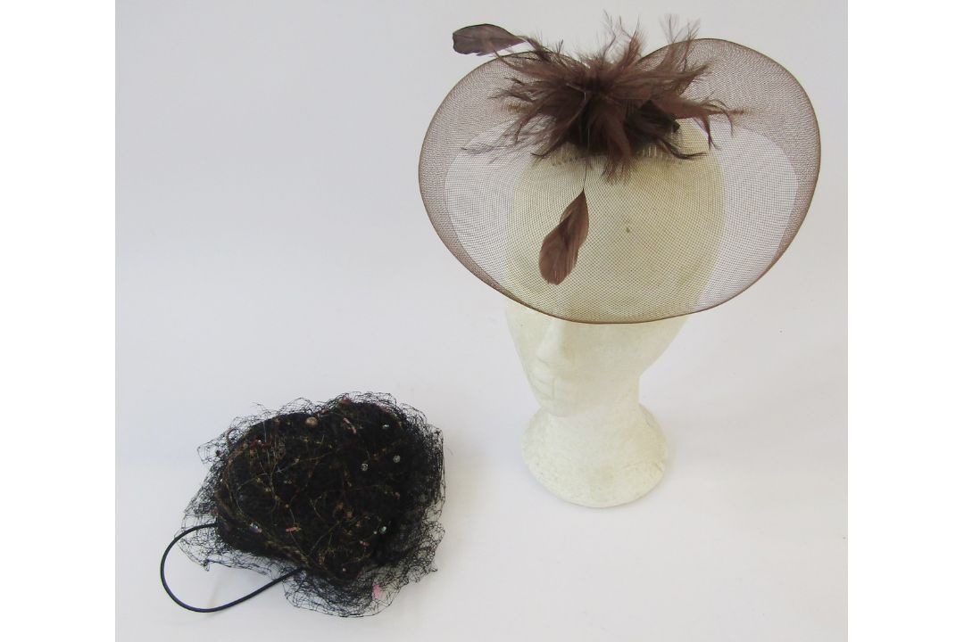 Frederick Fox ciname pink hat, a navy blue fascinator-type hat labelled Whiteleys, a brown feathered - Image 2 of 3