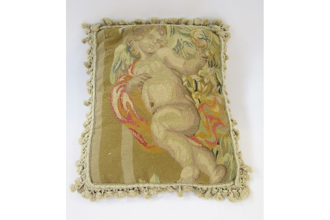 19th century French tapestry cushion of a resting cherub, 22" x 16" - Image 1 of 2