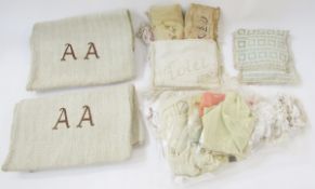 Two flour sacks, both initialled AA, embroidered crocheted and lace nightdress cases, one named