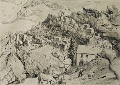 Rudolf Santer (19th century) Ink on paper Alpine Village, framed, 26.5cm x 36.3cm (glazing lacking),