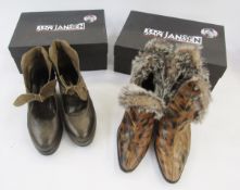 Jan Jansen pair of sage green leather and suede wedge heeled boots, and a pair of wedge heeled