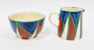 Clarice Cliff 'Original Bizarre' small creamer and sugar bowl, decorated with triangles of blue
