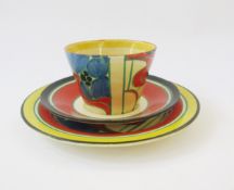 Clarice Cliff 'Red Sunrise' pattern cup, saucer and tea plate, the cup and tea plate decorated