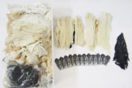 Large quantity of lace pieces, trimmings, mats, part collars some undyed, some black lace pieces,