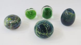 Mdina glass paperweight, swirl decoration in shades of blue and green, inscribed to base, 8cm