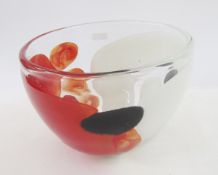 Large Svaja glass bowl, clear with white and red swirl decoration, signed to base, 28cm diameter x