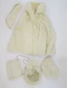 White coney cape with a white coney hood, matching scarf and muff, and a 1950's/60's vintage fur hat