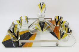 Bohemian Art Deco-style decanter set viz:- angular decanter, set of six panelled tumblers and