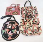 Two vinyl Celia Birtwell designed carrier bags, a fabric bag labelled Joanne Fleming Design,