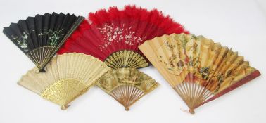 Various fans, bone, carved sticks and guards, painted decorations (damaged), a fan painted with