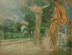 Alfred Gaspart (Argentine,1900-1993) Pastel and pencil on paper Sketch of figures before houses on a