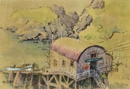 N. Campbell (21st Century) Watercolour and ink on paper Lifeboat on ramp, heightened in white and