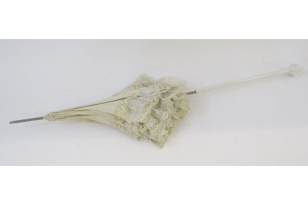 A 1920's wedding headdress, glass bead decoration, and a Edwardian cream linen parasol trimmed - Image 2 of 3