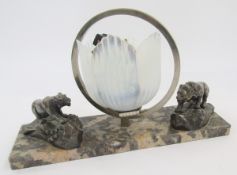 Art Deco-style marble and metal lamp, the vaseline petal-shaped shade within circular metal ring,