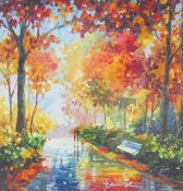 Daniel Wall (b.1965) Embellished giclee on canvas, Three's Company, Impressionistic river landscape,