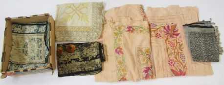 Various Indian block printed cotton table cloths, Kashmiri paisley pattern shawl, woven onto a cream