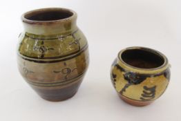 Michael Cardew Winchcombe vase, shouldered and ovoid, olive green and brown glazed with whorl