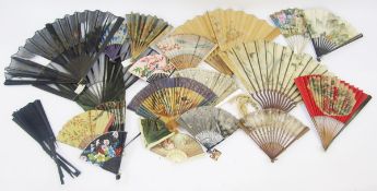 Large quantity of various late 19th/early 20th century wooden fans, some painted, guards and