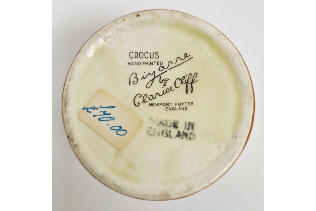 Clarice Cliff 'Crocus' pattern jug (15.5cm high), a cup & saucer and a lidded preserve jar (lid - Image 10 of 10