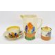 Clarice Cliff 'Crocus' pattern jug (15.5cm high), a cup & saucer and a lidded preserve jar (lid - Image 6 of 10