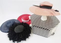 Ascot/wedding hats, pink ciname wide brimmed hat with black band and black stripped feather