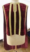 Antique chasuble maroon velvet with gold braid trim and detail, a part chasuble embroidered with